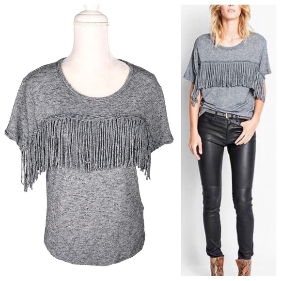 Zadig & Voltaire Satcha Fringes Western gray short-sleeve top t-shirt wool small - Picture 1 of 16